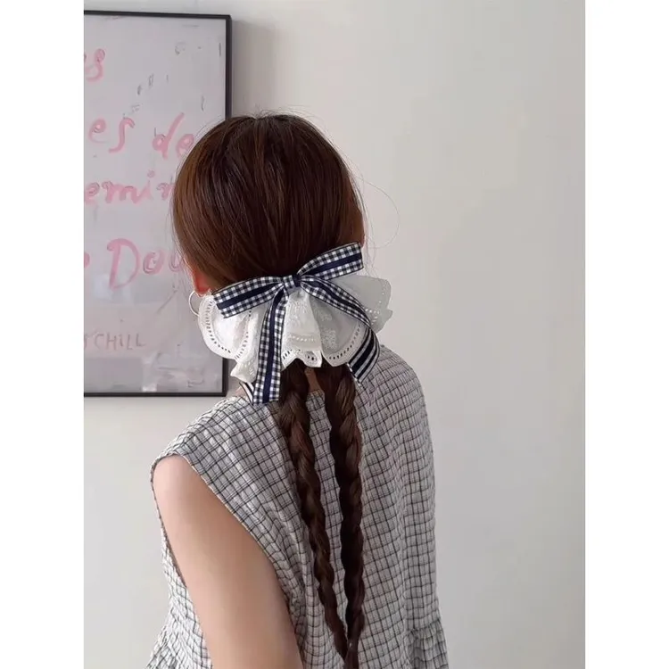 韩系文艺格子蝴蝶结蕾丝裙摆发夹女高级感温柔夹子头饰后脑勺发卡