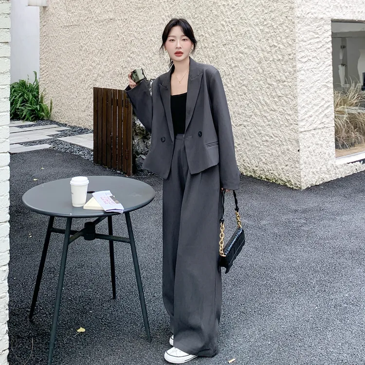 灰色韩系高级感气质西服套装女2025秋季职业通勤西装阔腿裤两件套