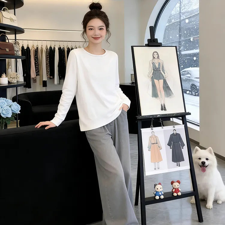 2026新款白色长袖T恤女正肩棉质叠穿内搭打底衫上衣秋冬宽松ins潮
