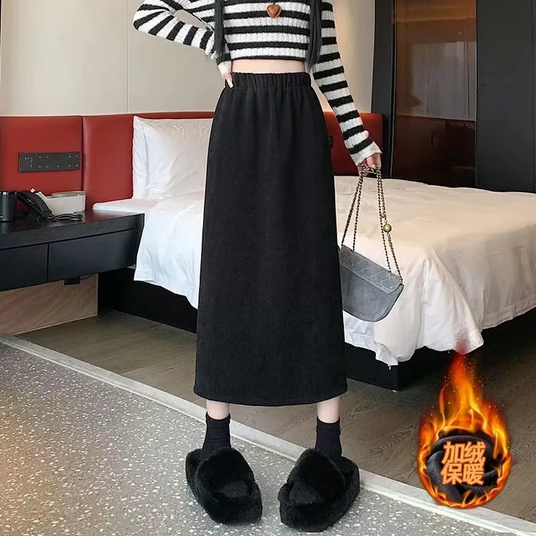 现货加绒加厚欧棉绒半身裙2025秋冬新款高腰宽松显瘦中长款半身裙