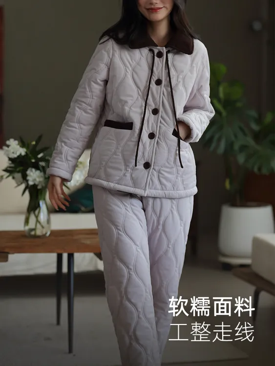 25年新款三层夹棉复古保暖家居服抗静电翻领加厚加绒睡衣套装宽松