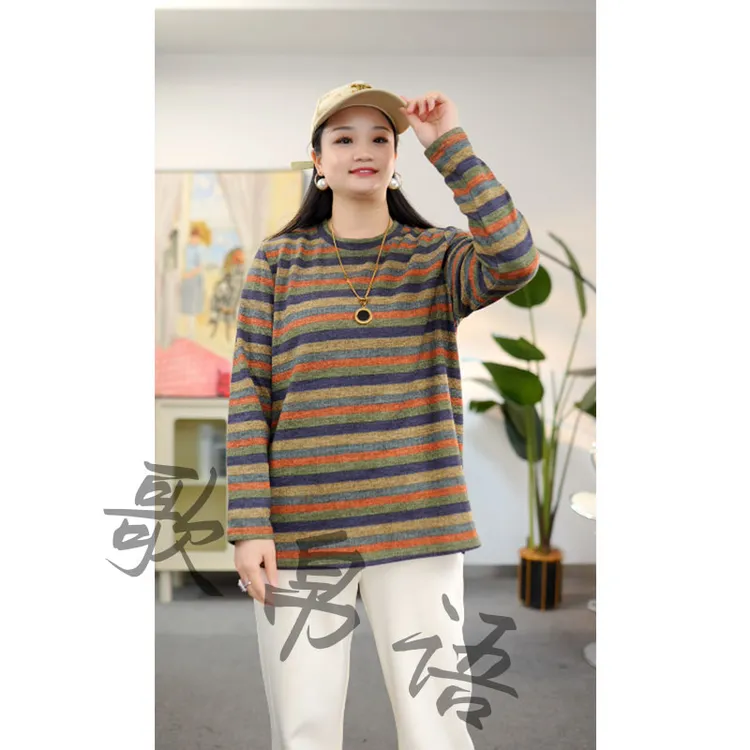 歌帛语大码女装常规秋季时尚风经典条纹圆领套头复古长袖T恤