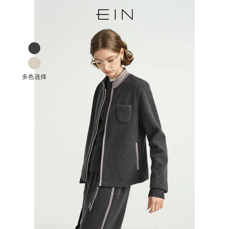 EIN/言山系风颗粒绒盘绳拉链绵羊毛撞料包边外套春秋新款
