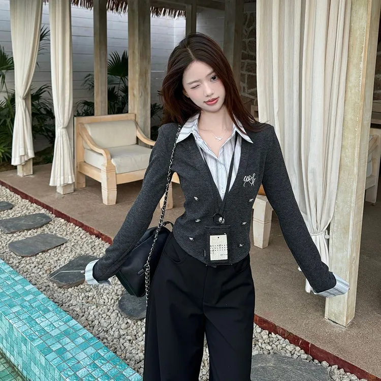 美式复古辣妹春季新款假两件拼接领针织拼接长袖上衣女女式针织衫