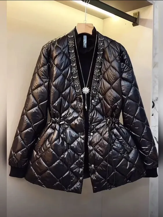 〖猫姐衣橱〗秋冬新款菱形格手工钉钻收腰棉服2029