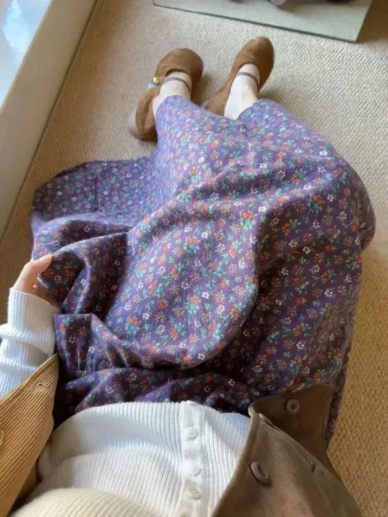 紫色碎花半身裙女秋冬新款森系文艺复古伞裙子高腰显瘦遮胯中长裙