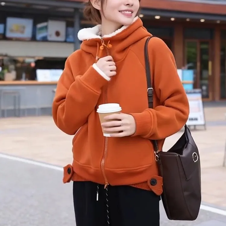 秋冬新款橘色拉链连帽卫衣女慵懒时尚减龄显瘦颗粒绒加厚外套上衣