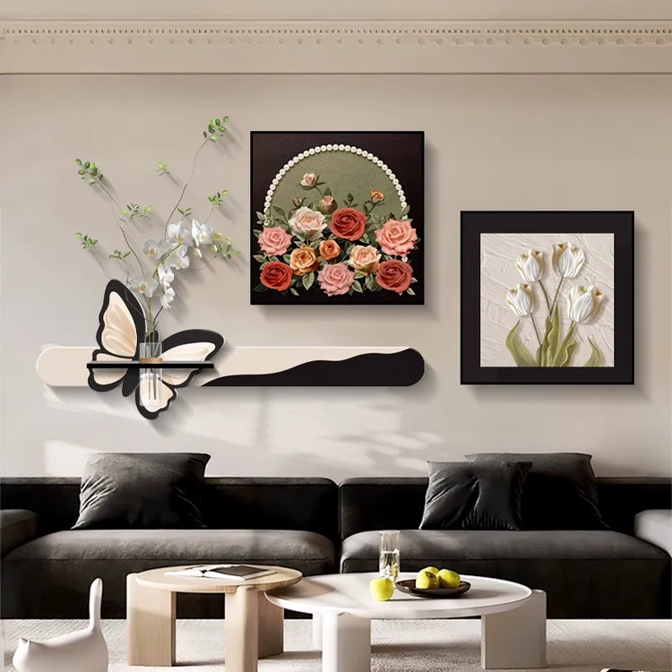 现代简约客厅装饰画轻奢高级感沙发背景墙挂画水培绿植蝴蝶花壁画