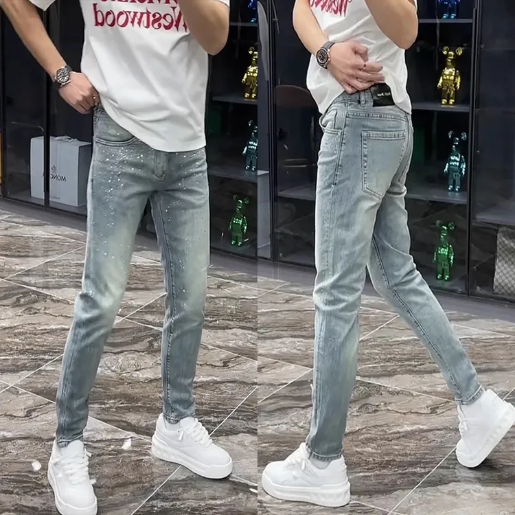 2025秋季欧货高端牛仔裤男士百搭烫钻修身休闲简约潮流弹力直筒裤