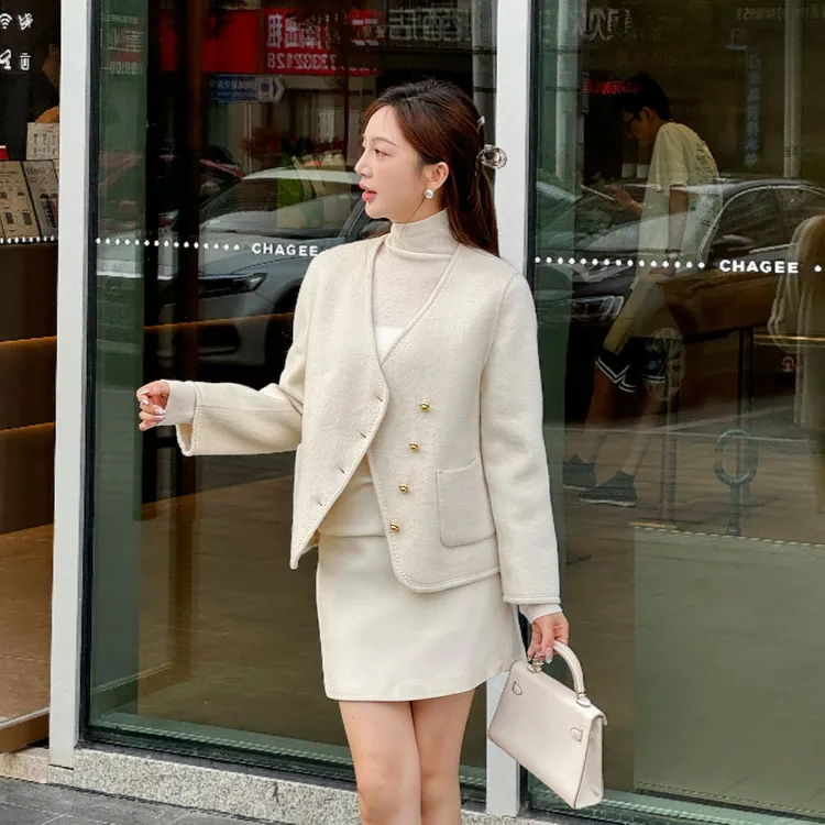 【V领羊毛短外套】秋冬气质小香风短款V领女士双面羊毛大衣女装2521