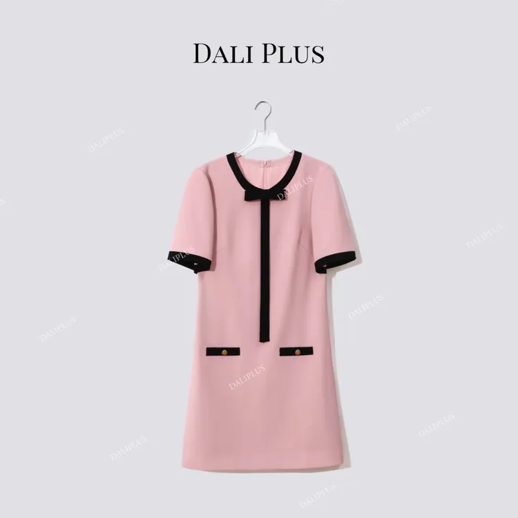 DALI PLUS“醋酸法式香风连衣裙”极简蝴蝶结撞色连衣裙-D5ST1291