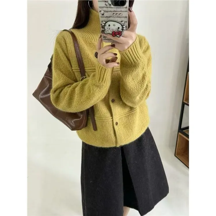 2025秋冬新款韩版可翻领毛针织开衫女高级感气质百搭毛衣外套1413