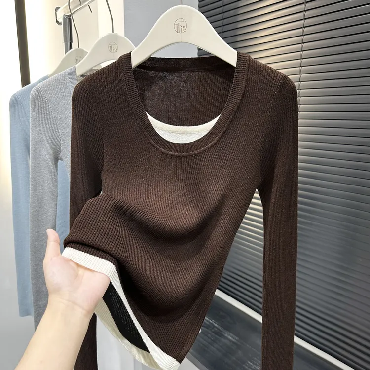 咖色低U领假两件修身T恤女2025秋冬新款百搭设计感内搭叠穿针织衫
