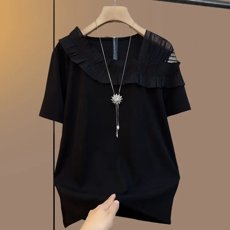 大码女装胖妹妹夏季蕾丝常规短袖T恤大码设计感休闲黑色夏装洋气