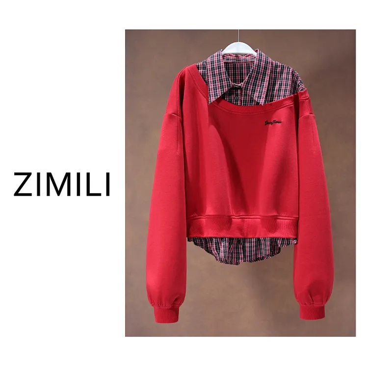 【亮哥欧货女装】冬季加厚《胭脂红》拼接衬衣领假两件卫衣26595