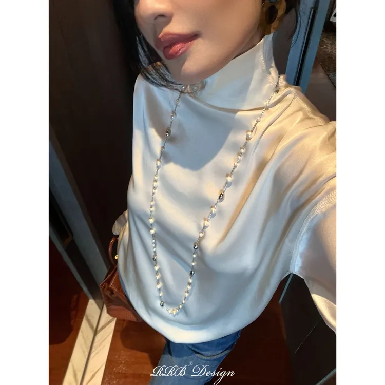 RRB Design「浪漫华美」醋酸真丝半高领宽松显瘦纯色长袖T恤