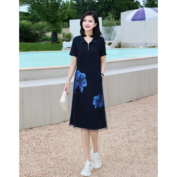 枫竺女装阿楠anan气质立领半拉链网纱印花短袖女夏季中长款连衣裙