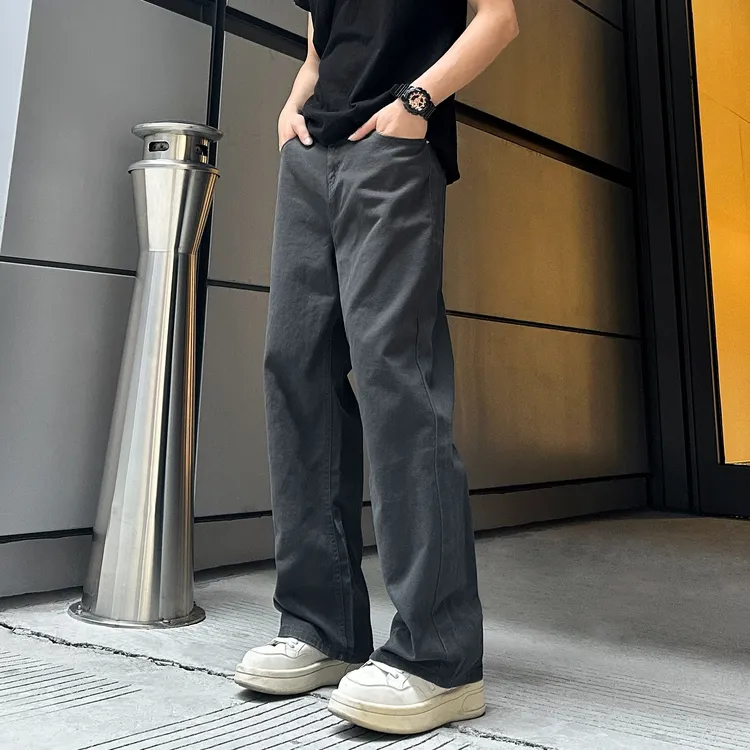 QUALCOMM军灰色宽松直筒牛仔裤男款秋冬美式复古cleanfit垂感长裤
