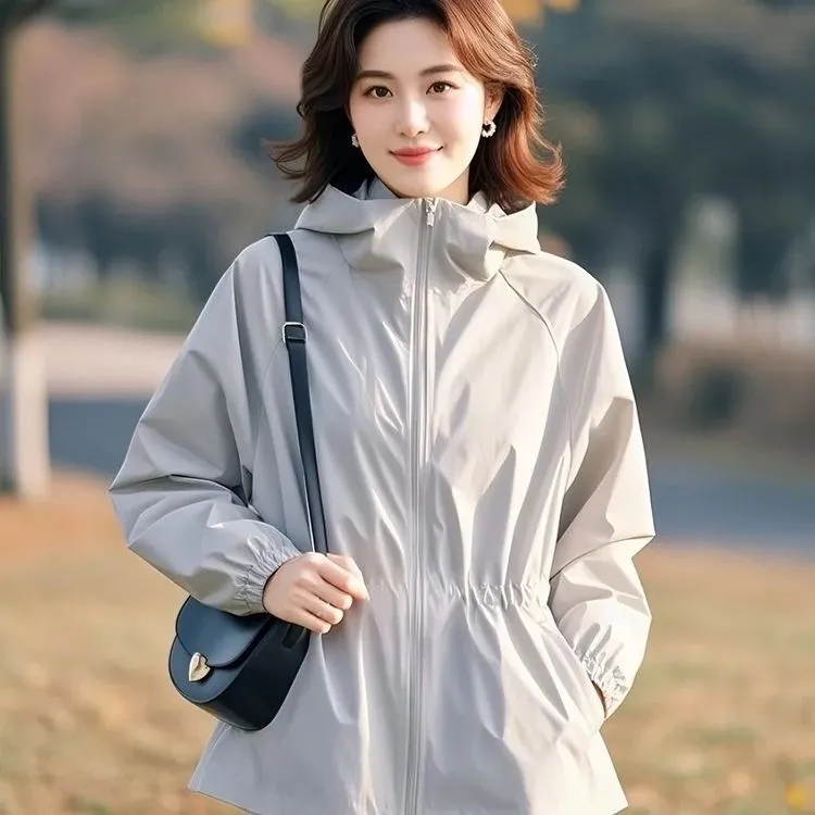 超好看欧若风独特漂亮韩系慵懒灰蓝色收腰连帽夹克薄外套女秋季新