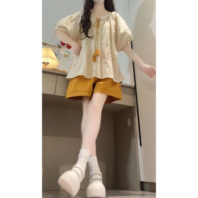 VOCKOO官方韩系慵懒松弛感套装女夏季时尚印花刺绣泡泡袖上衣阔腿