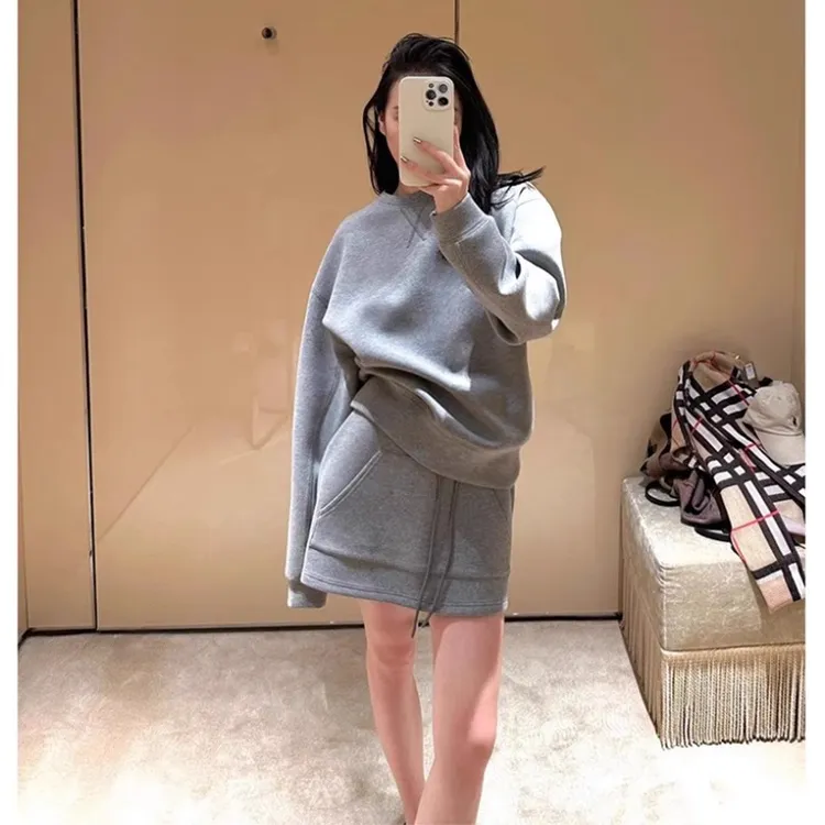 休闲运动套装女2025春新款美式潮牌宽松圆领灰色卫衣半身裙两件套