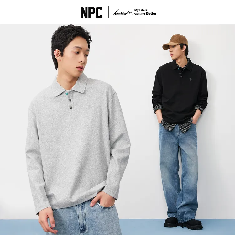 NPC潮牌空气层【仿绿松石】扣POLO领男长袖T恤慵懒宽松软糯NP57TL44