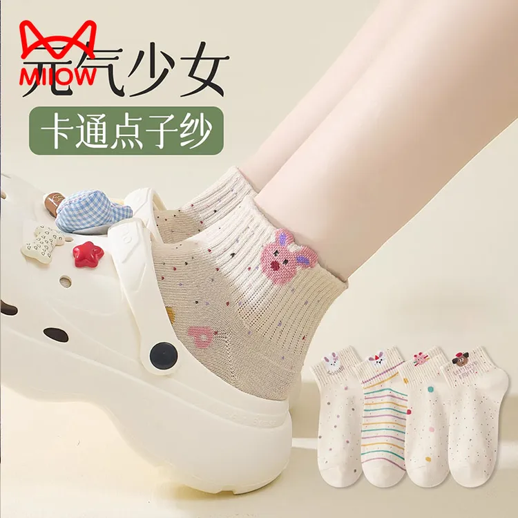 猫人点子纱袜子女短袜夏薄款纯棉日系可爱卡通少女短筒ins潮夏天