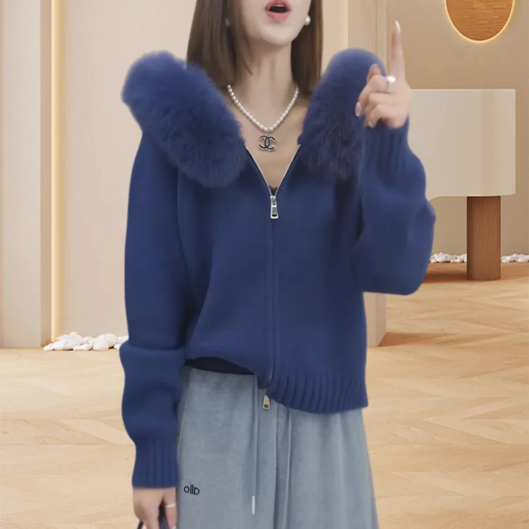 亲肤舒适连帽毛领拉链开衫毛衣女秋季新款设计感小众宽松显瘦上衣