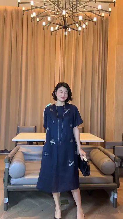 TANTAN  亚麻  气质时尚印花宽松显瘦连衣裙2082