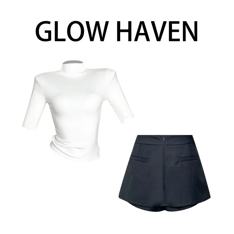 夏季新款辣妹纯欲风百搭半高领短袖T恤上衣高腰修身显瘦a字半身裙