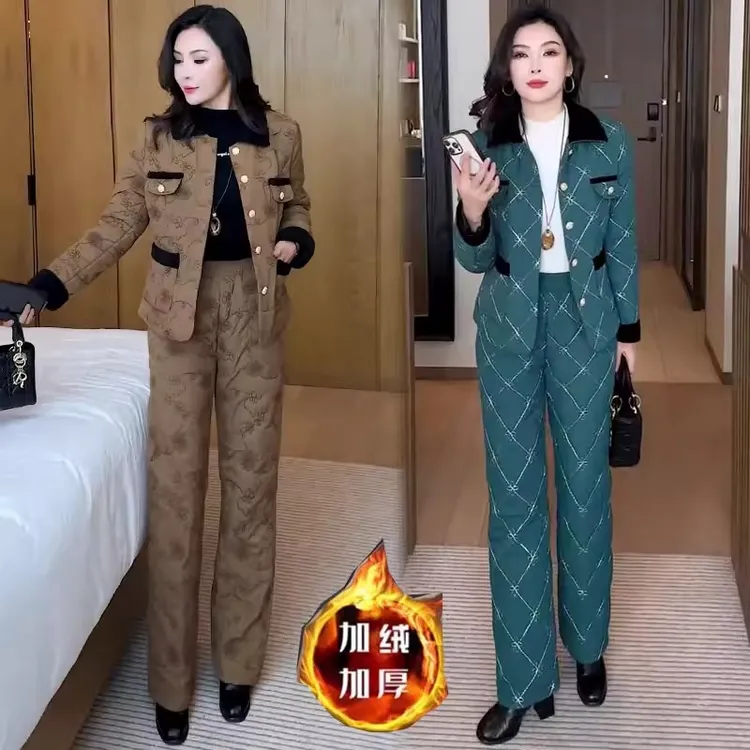 加绒加厚时尚套装女2025冬季新款洋气小香风棉衣外套阔腿裤两件套