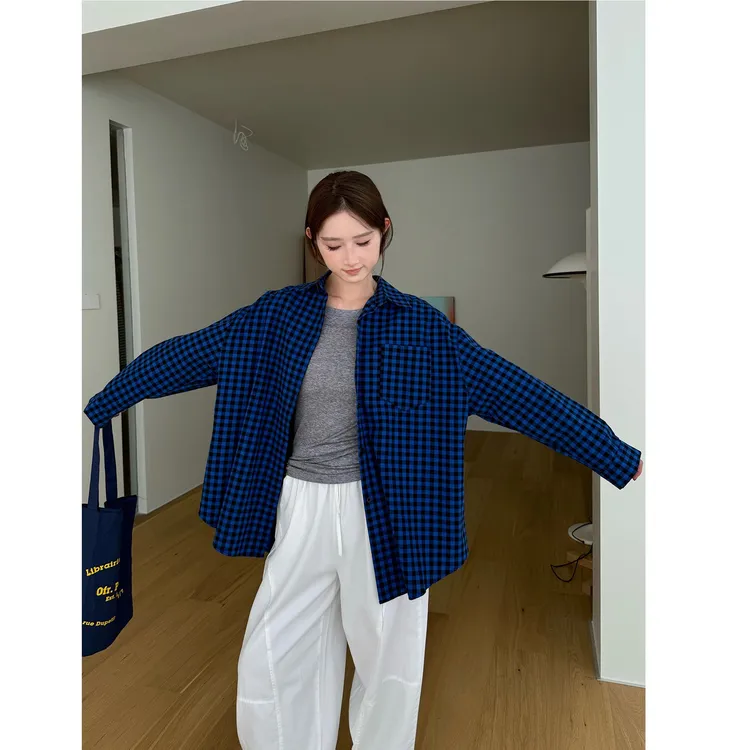 复古格纹蓝色格子长袖衬衫百搭上衣女秋宽松休闲衬衣外套小众时尚
