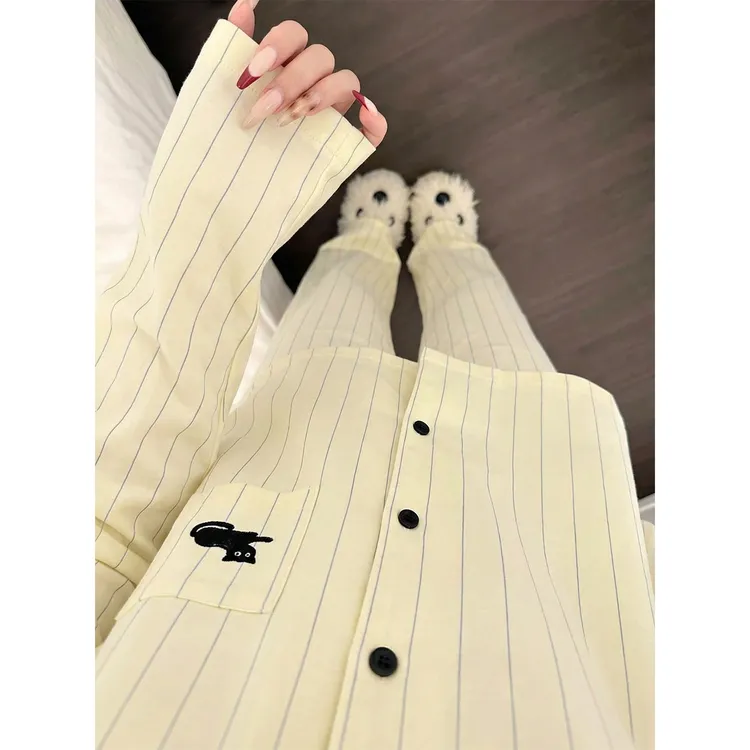 高级感黄色条纹睡衣女春秋纯棉长袖100全棉布料可外穿家居服套装
