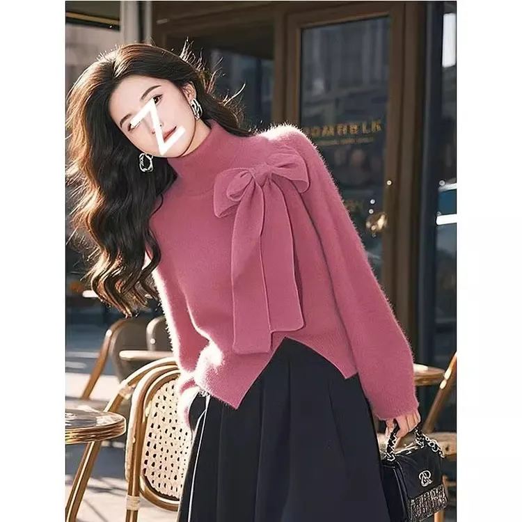 冬天穿搭套装女新款韩版气质百搭蝴蝶结上衣高腰半身裙两件套