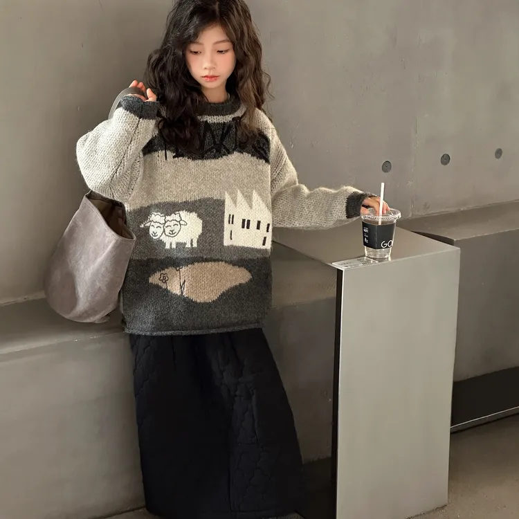 女童韩系长袖圆领毛衣针织衫慵懒风时尚秋冬6-12岁套头15岁卡通