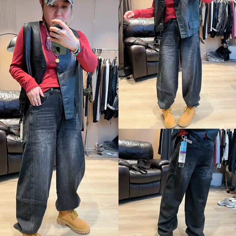 8370#复古黑松弛感茧型弯刀牛仔裤高腰显瘦宽松百搭（卡码拍大）