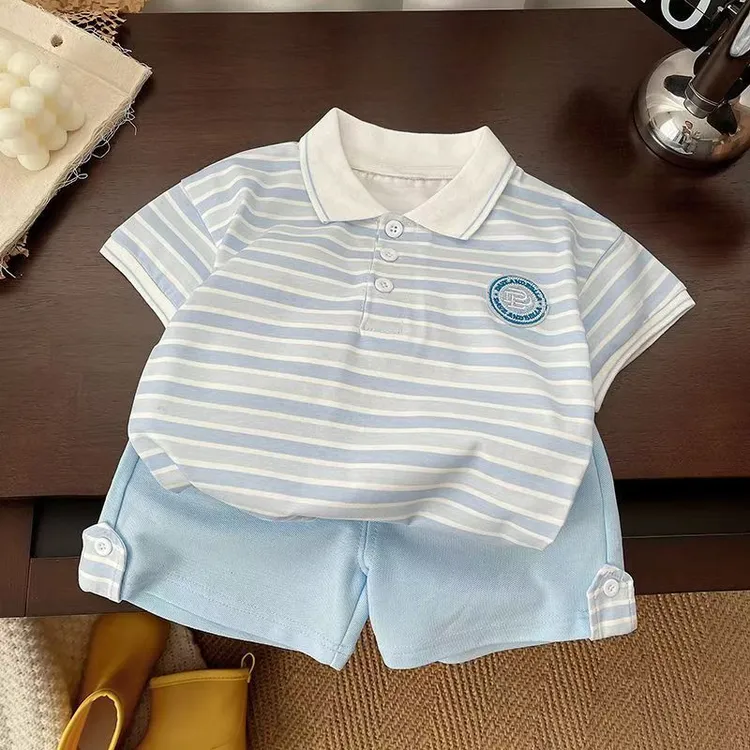 夏季男条纹薄款套装上衣翻领时尚洋气夏装休闲半袖男宝宝运动