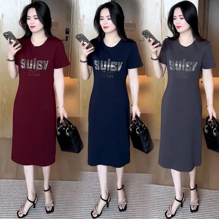 时尚休闲夏季新款减龄圆领字母印花中长款气质显瘦连衣裙