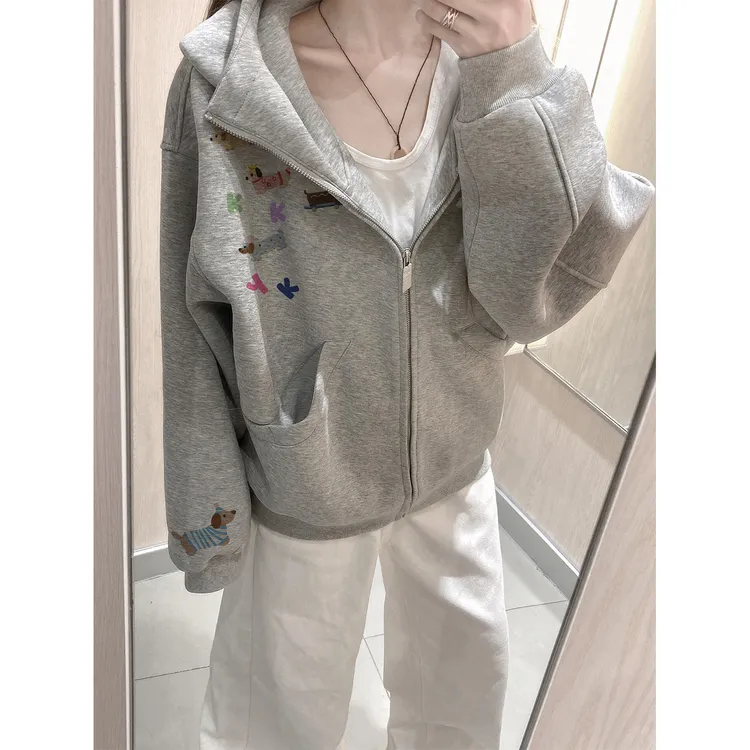 美式潮流狗狗字母印花开衫连帽卫衣男女秋冬季休闲情侣拉链外套