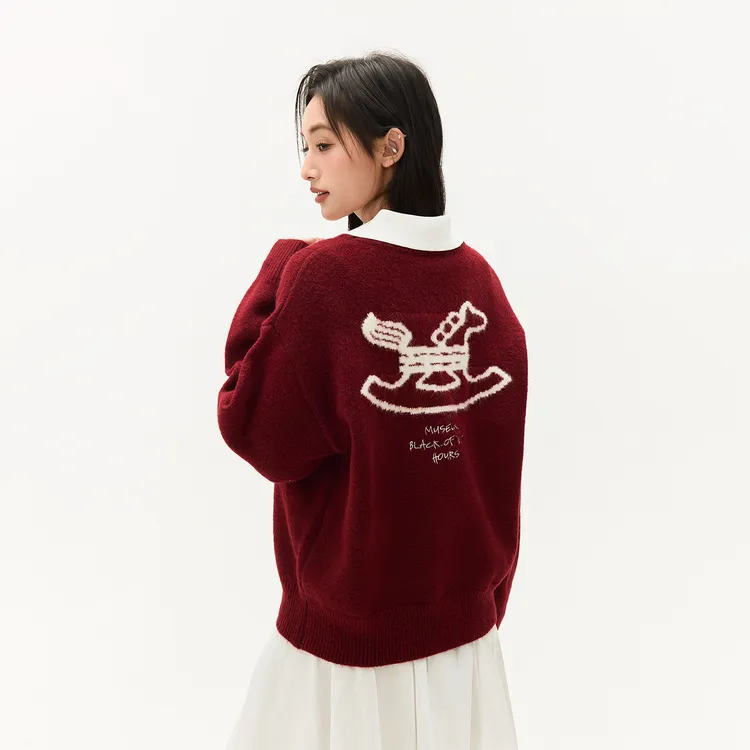 BLACK OF EXIT慵懒风撞色简约百搭摇摇马提花毛衣新款圆领针织衫