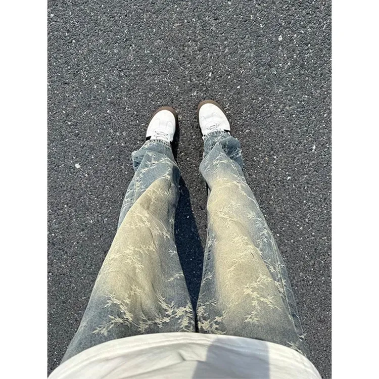 浅蓝色荆棘提花牛仔裤美式高街vibe裤子男秋季水洗直筒微喇弯刀裤