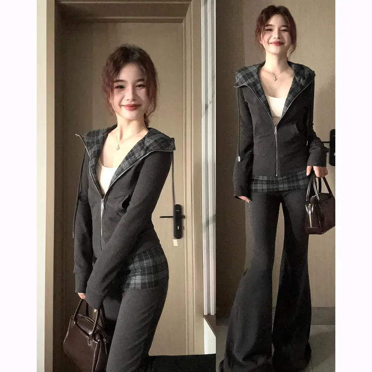 灰色修身正肩连帽短款卫衣外套女款秋小个子韩系巨好看的早秋套装