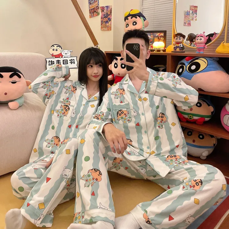 奥美诗嘉蜡笔小新联名情侣睡衣女春秋薄款卡通印花长袖纯棉家居服