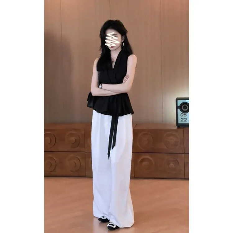 高级感性感纯欲收腰绑带V领无袖上衣女气质高腰显瘦阔腿长裤套装