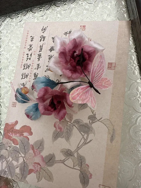 霁月绒花  玫瑰手工非遗绒花蝴蝶古风汉服发簪