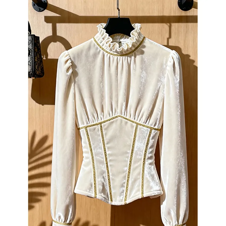 白色丝绒衬衫女秋冬高级感轻奢减龄洋气别致漂亮掐腰法式小资上衣