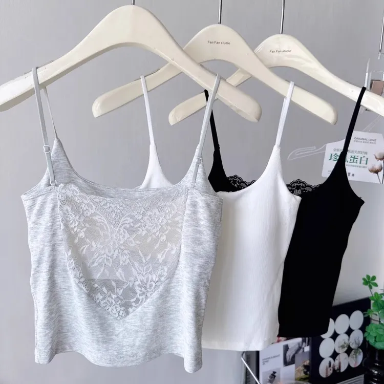 纯欲风性感背后蕾丝美背内衣女春夏细肩带固定杯吊带背心内搭女士