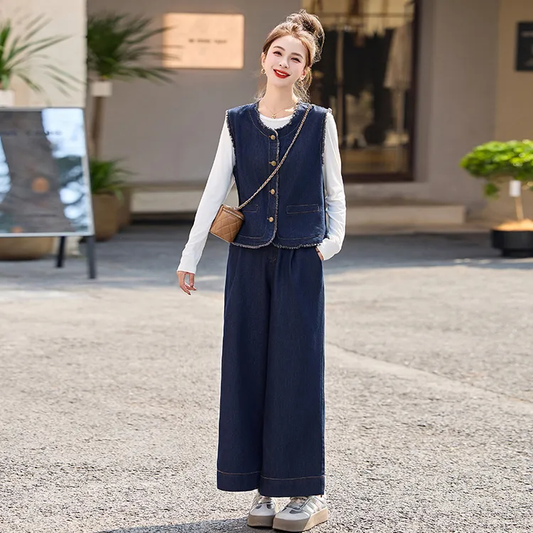 牛仔套装女2025早秋新款高级感超火小香风休闲减龄马甲阔腿裤穿搭