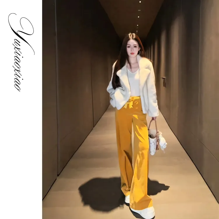 余潇潇【城市之光】优质棉灯芯绒宽松直筒休闲裤配腰带蝴蝶结挂坠