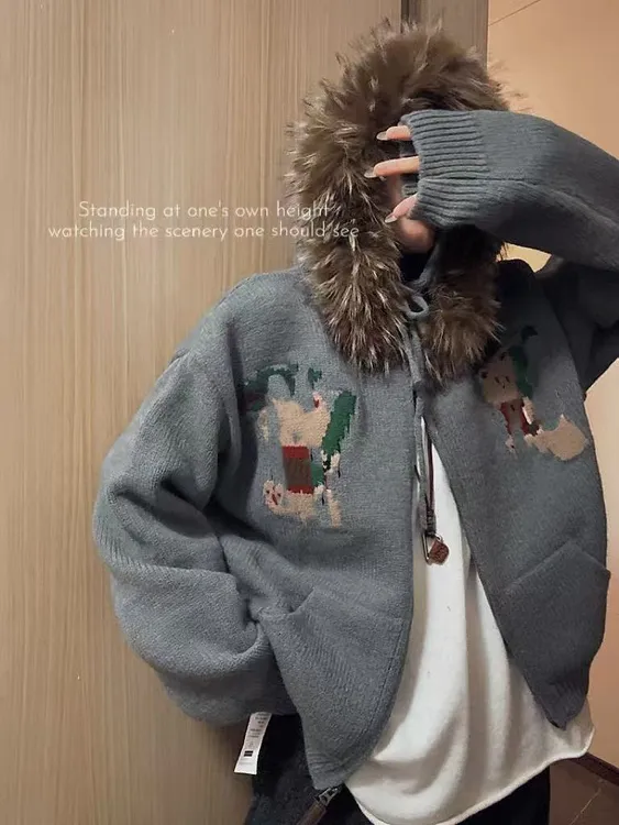 【萌熊绣绘】韩系慵懒风重工卡通熊刺绣毛衣外套